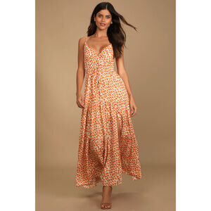 Lulus Forever Blooming Orange Floral Print Tiered Maxi Dress - Size M